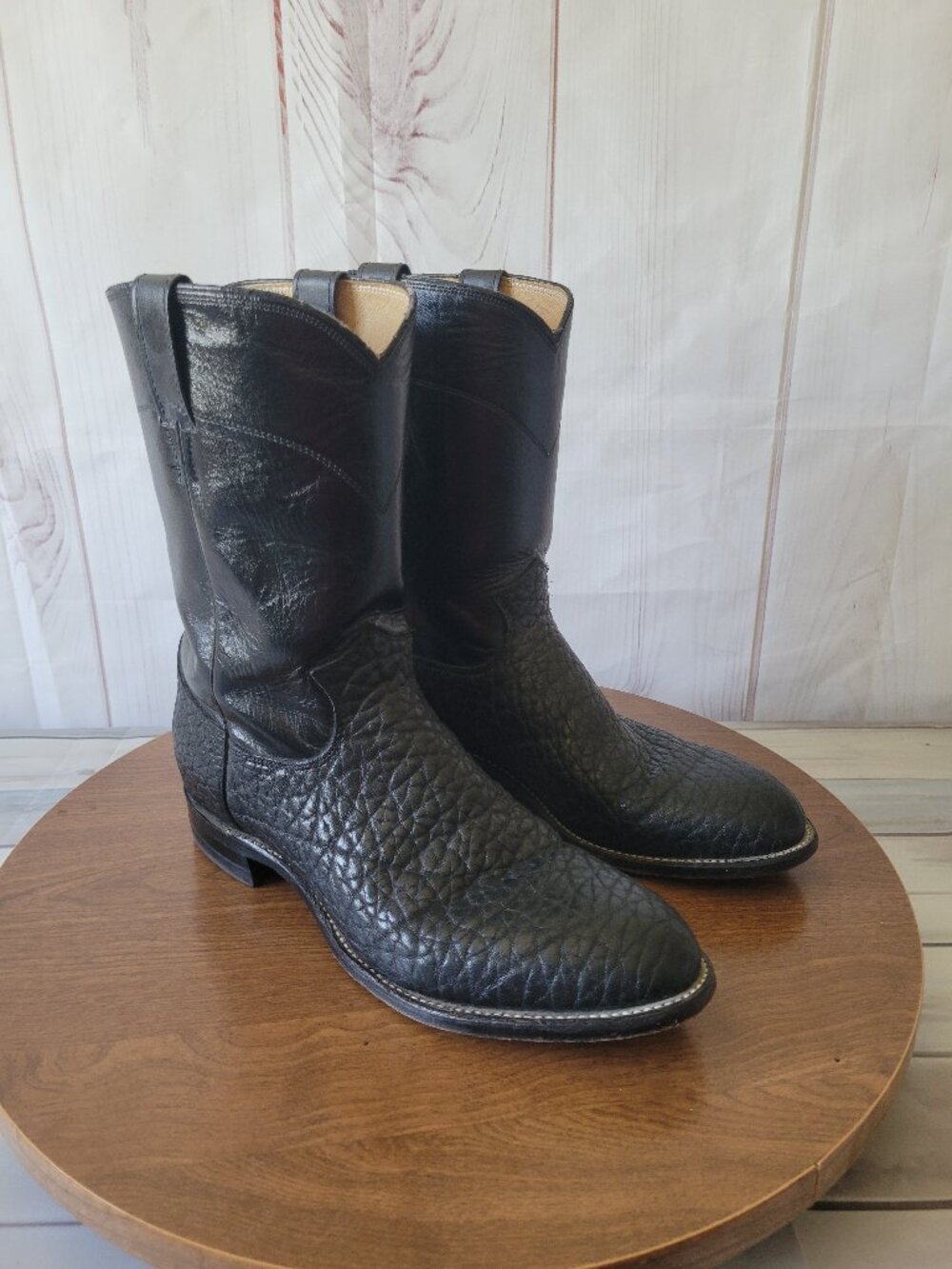 Justin 3187 Black Bull Hide Roper Boots, Men’s 9.5 Made in USA Western Cowboy